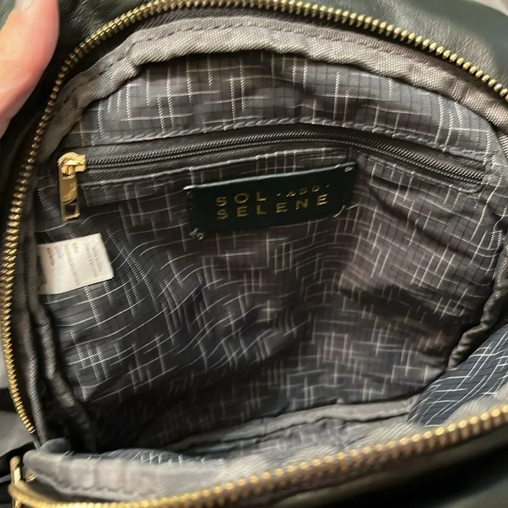 Sol and Solene on the Go Sling Backpack Dark Green with Gold Metal Accents